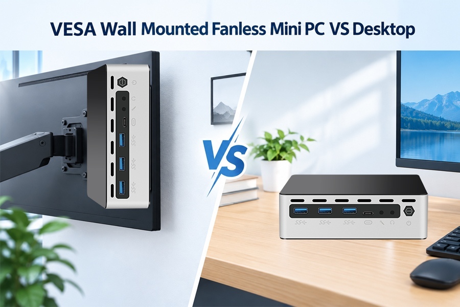 최신 회사 블로그 VESA 벽에 장착 된 팬 없는 미니 PC VS 데스크톱: 배치 열 분사 및 케이블 관리 비교