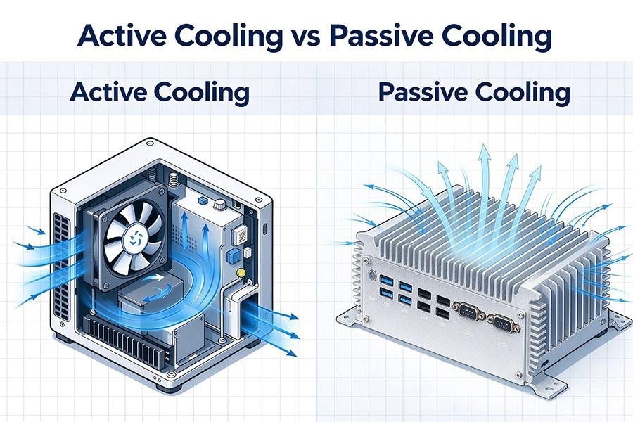 최신 회사 블로그 Industrial Mini PC: Active Cooling vs Passive Cooling Three dimensional Comparison of Noise, Temperature and Reliability