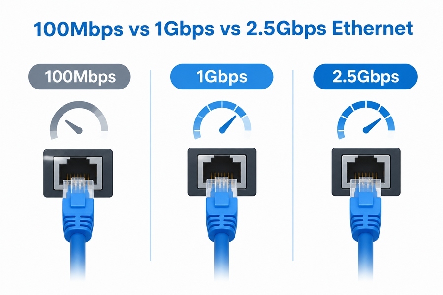 최신 회사 블로그 100Mbps 대 1Gbps 대 2.5Gbps 이더넷: 산업용 PC 네트워크 속도가 지연에 어떻게 영향을 미치는가
