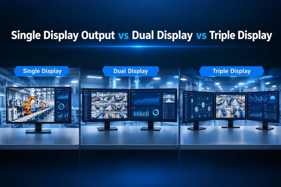 최신 회사 블로그 Single Display Output vs Dual Display vs Triple Display: Comparison of Multi screen Output Capability of Industrial PCs